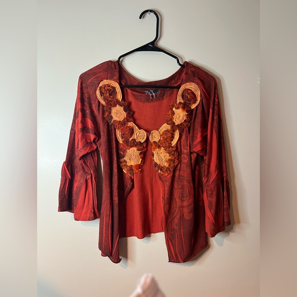 Vintage DB Sport Orange Floral Appliqué Bell Sleeve Cardigan EUC